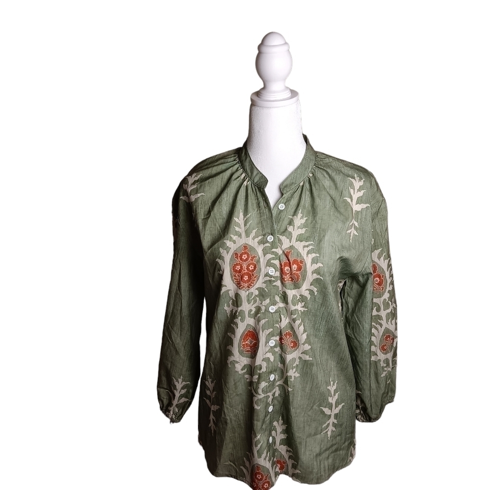 NWT Women's Green Boho Button-Up 3/4 Sleeve Split Neck Flowy Top Size M